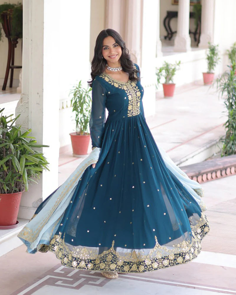 Womenline Peacock Blue Color Faux Blooming Embroidered Gown