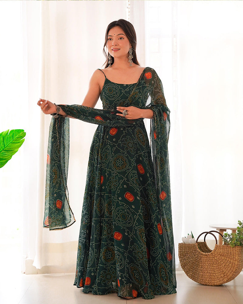 Womenline Floral Dark Green Color Bandhani Print Soft Chiffon Anarkali Gown