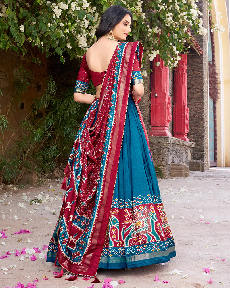 Womenline Designer Patola Printed Teal Green Color Tussar Silk Lehenga Choli