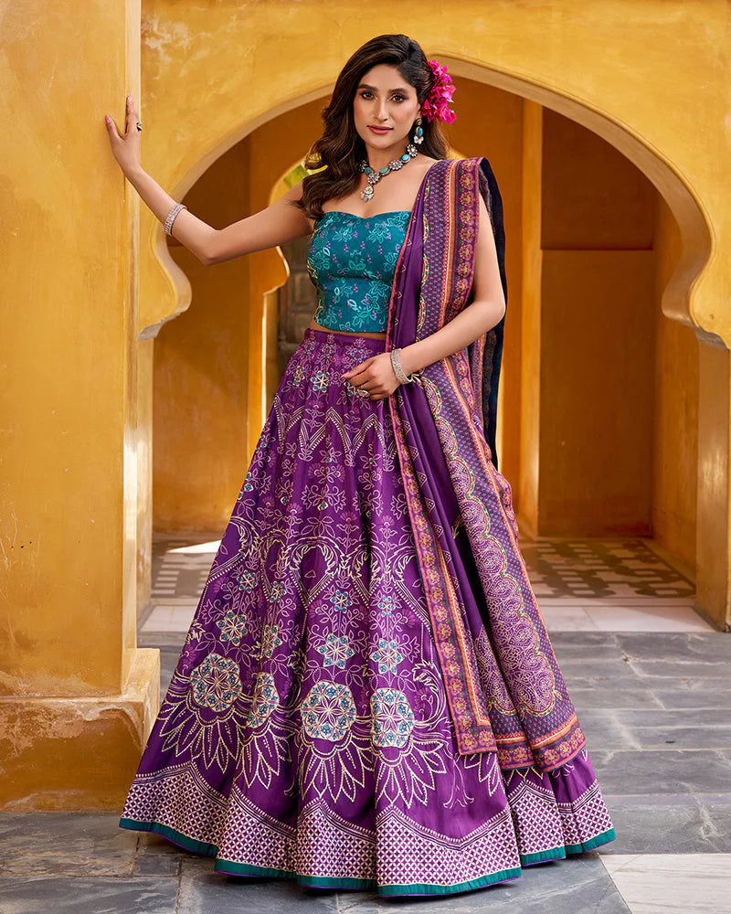 Womenline Purple Color Vichitra Silk Printed And Embroidered Lehenga Choli