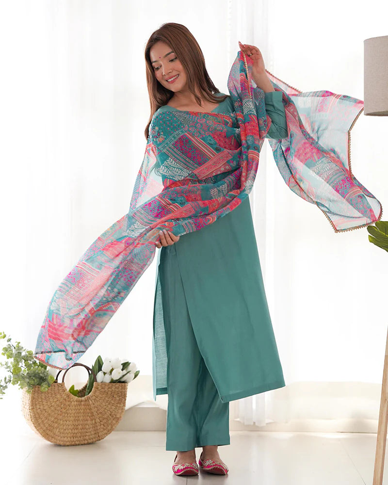 Womenline Sea Green Color Viscose Ready To wear Three Piece Kurti Suit