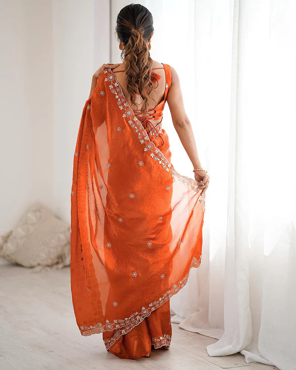 Womenline Rust Orange Color Fendi Silk Embroidered Saree