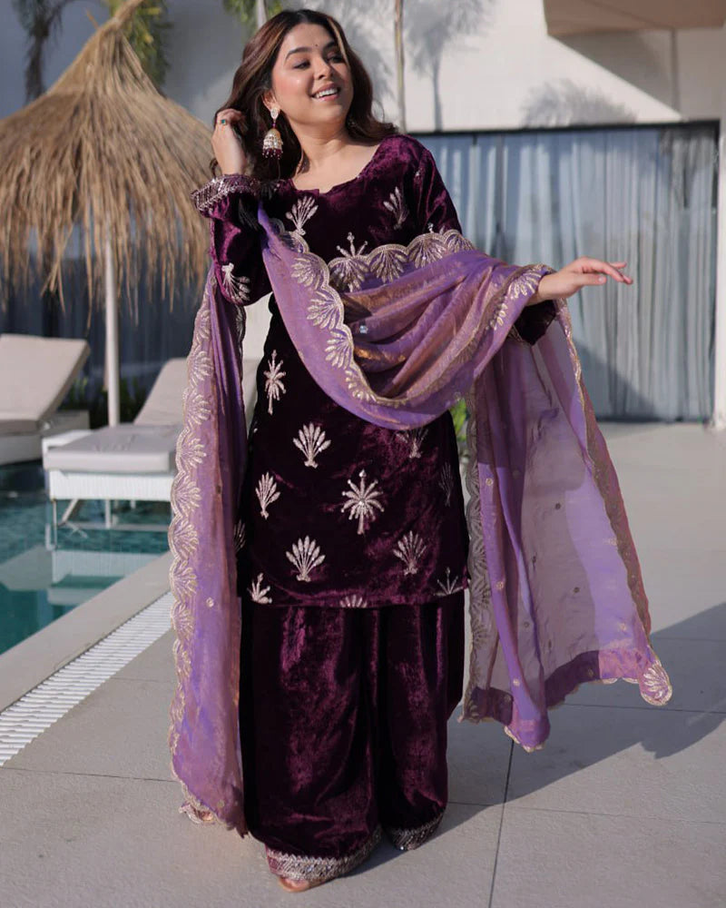 Womenline Wine Color Ice Velvet Embroidered Plazzo Suit