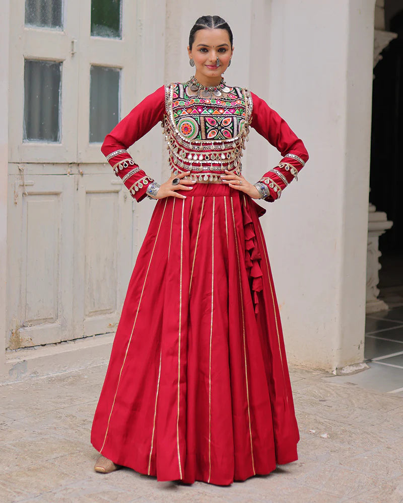 Womenline Maroon Color Roman Silk Navratri Lehenga Choli