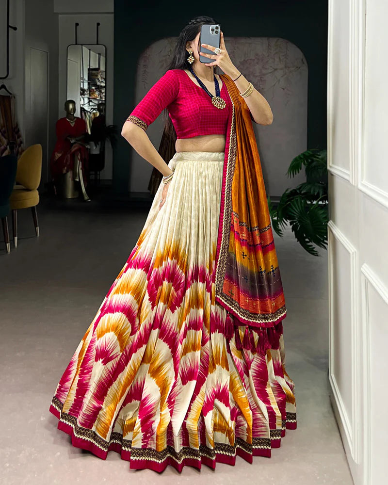 Womenline Red Color Tasar Silk Dye Printed Lehenga Choli