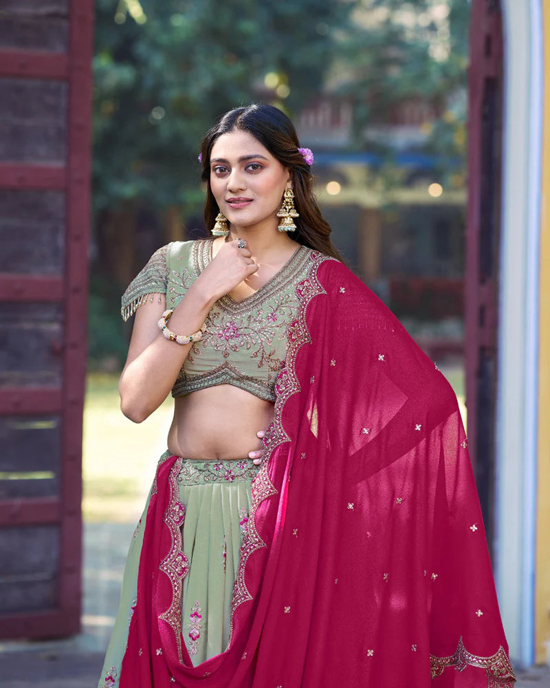 Womenline Pista Color Star Georgette Embroidered Lehenga Choli