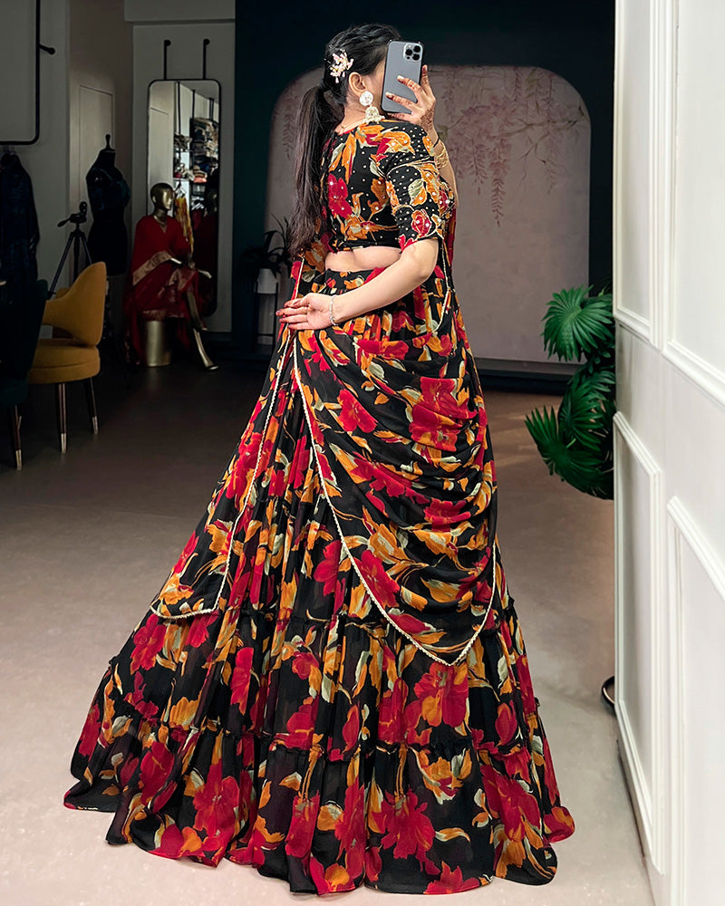 Womenline Black Color Marble Floral Printed Lehenga Choli
