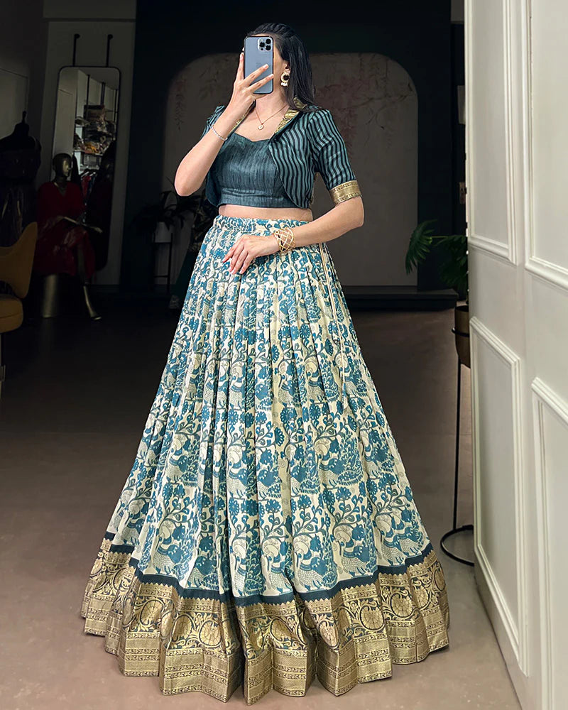 Womenline Sky Blue Color Tasar Silk Viscose Printed Lehenga Choli