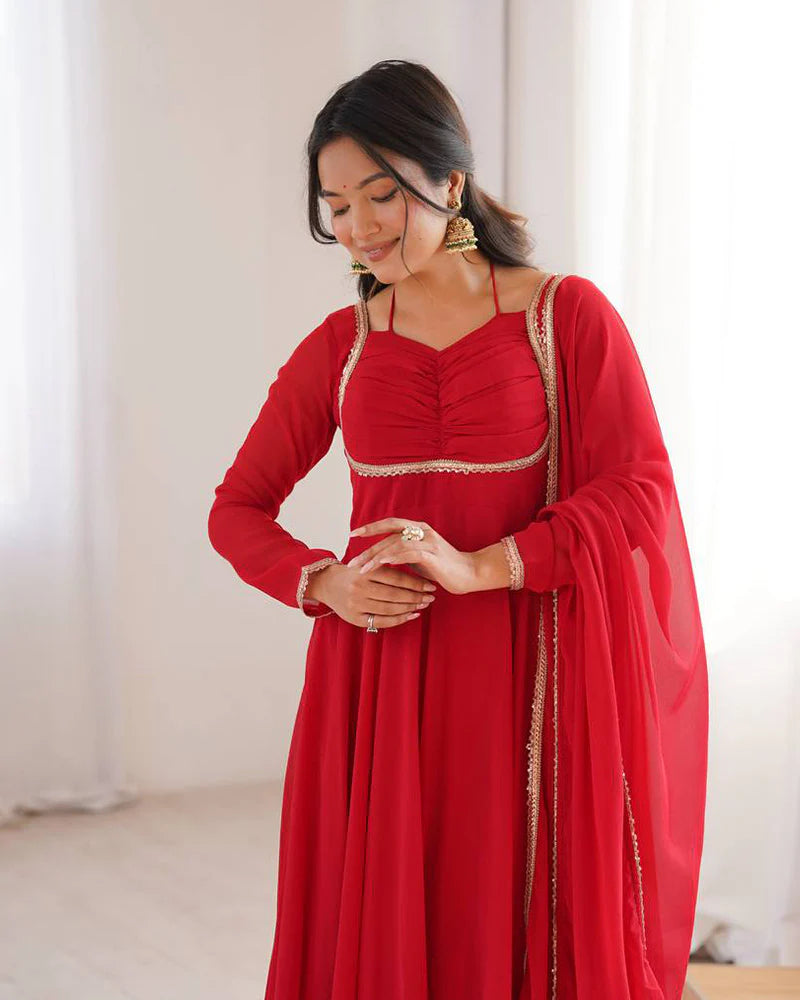 Womenline Red Color Pure Blooming Georgette Anarkali Gown
