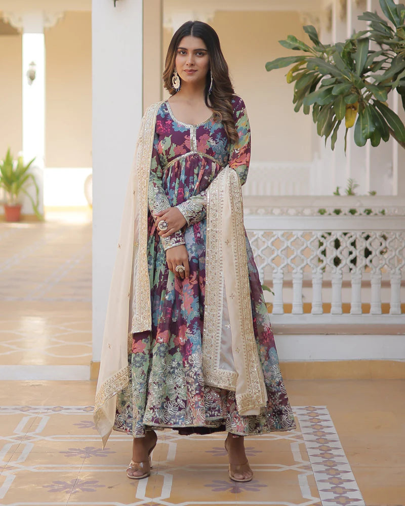 Womenline Wedding Wear Floral Embroidered Wine Color Alia Cut Gown With Dupatta