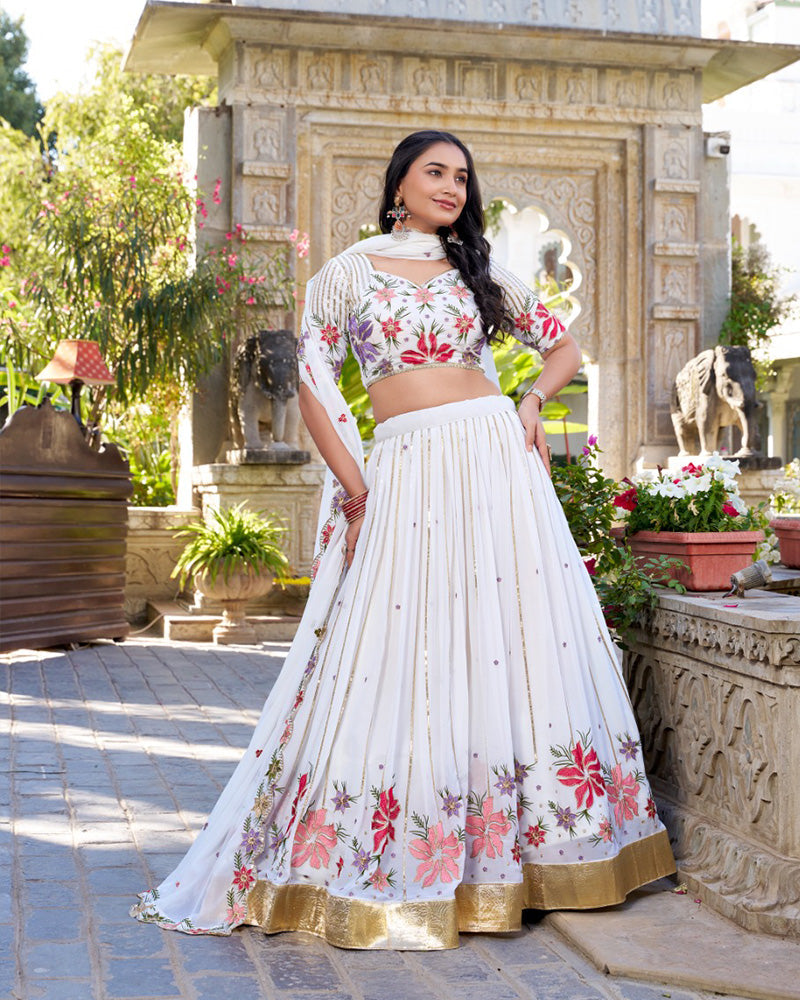 Womenline White Color Georgette Thread Embroidered Lehenga Choli
