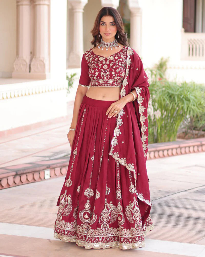 Womenline Maroon Color Vichitra Silk Embroidered Lehenga Choli