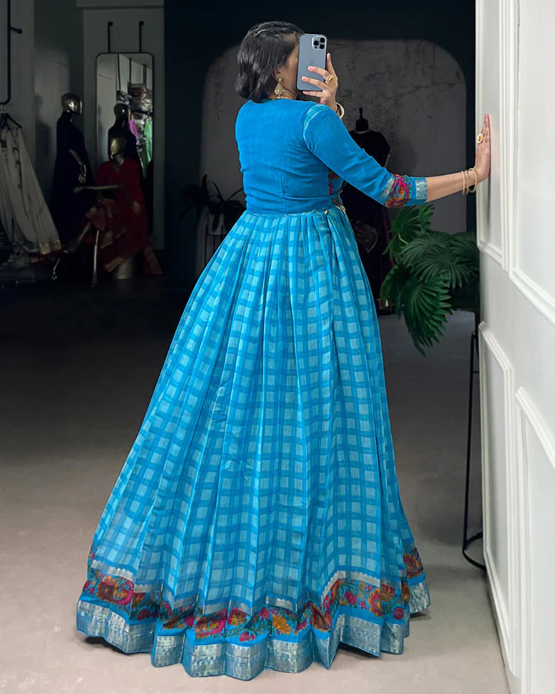 Womenline Sky Blue Color Viscose Chanderi Printed Gown