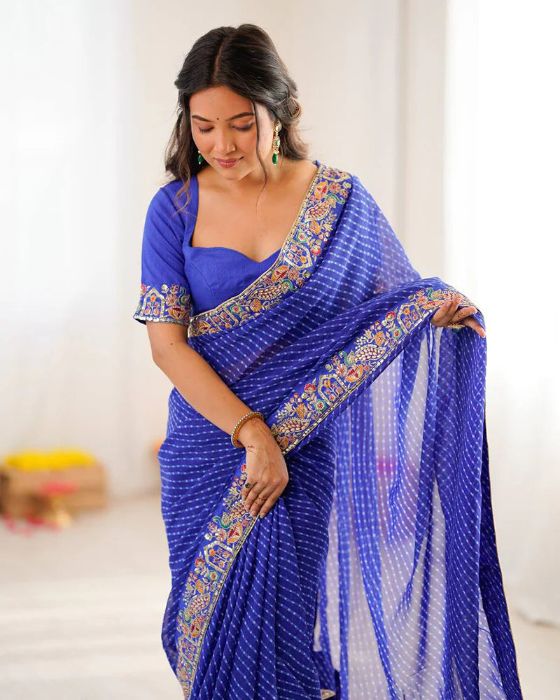 Womenline Blue Color Faux Georgette Bandhej Print Saree