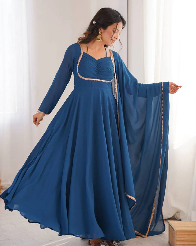 Womenline Teal Blue Color Pure Blooming Georgette Anarkali Gown