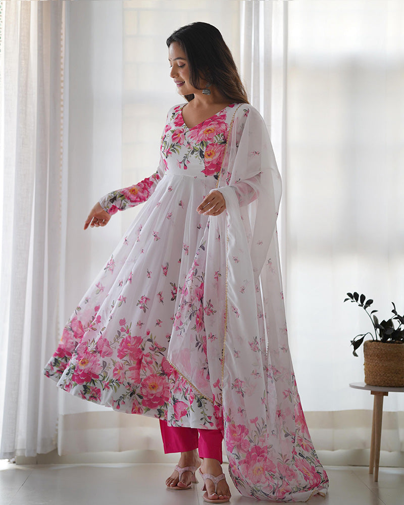 Womenline White Organza Silk Floral Print Three Piece Anarkali Suit