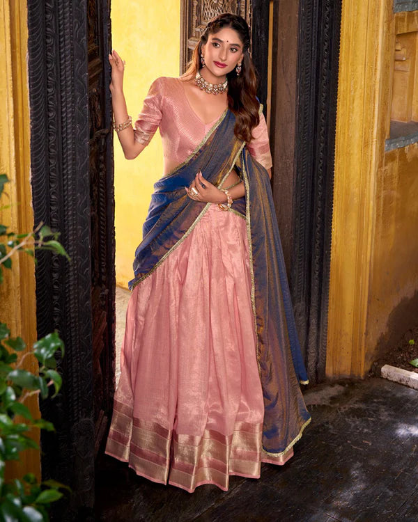 Womenline Light Pink Color Dupion Silk Zari Weaving Half Saree