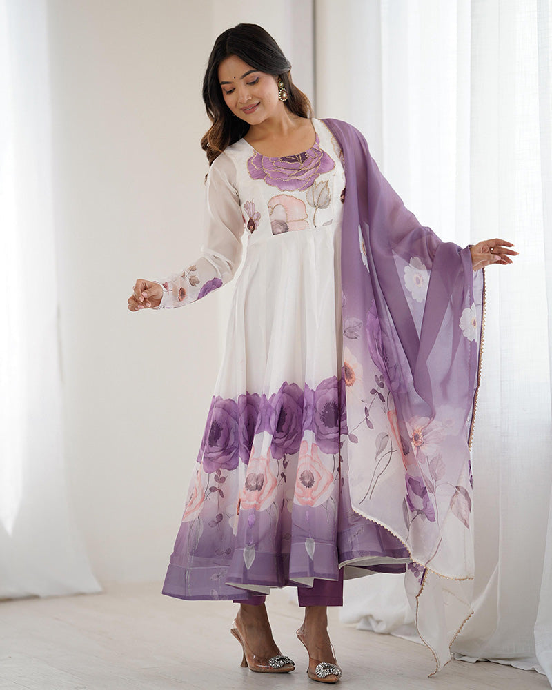 Womenline Violet Color Floral Pure Soft Tebby Organza Three Piece Anarkali Suit