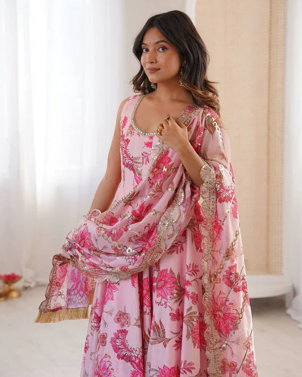 Womenline Baby Pink Color Pure Muslin Cotton Three Piece Anarkali Suit