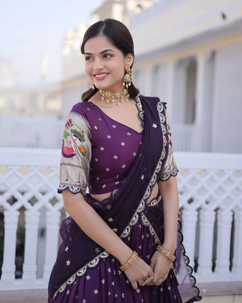 Womenline Wine Color Dola Silk Embroidered Lehenga Choli