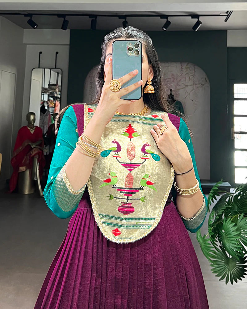 Womenline Wine Color Vichitra Silk Zari Weaving Gown
