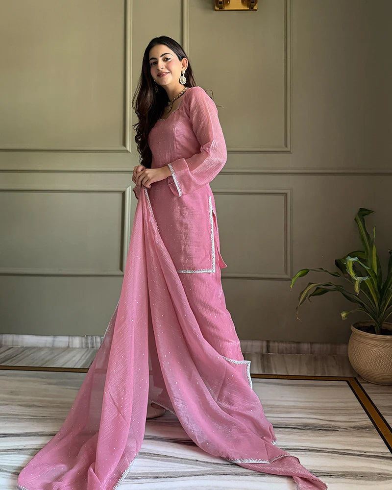 Womenline Pink Color Crunchy Silk Farshi Suit