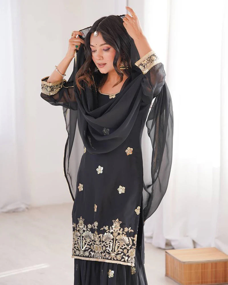 Womenline Black Color Soft Georgette Embroidered Sharara Suit