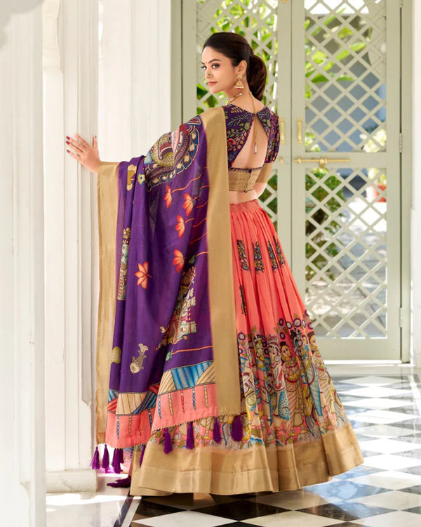 Womenline Peach Color Dola Silk Designer Kalamkari Print Half Saree