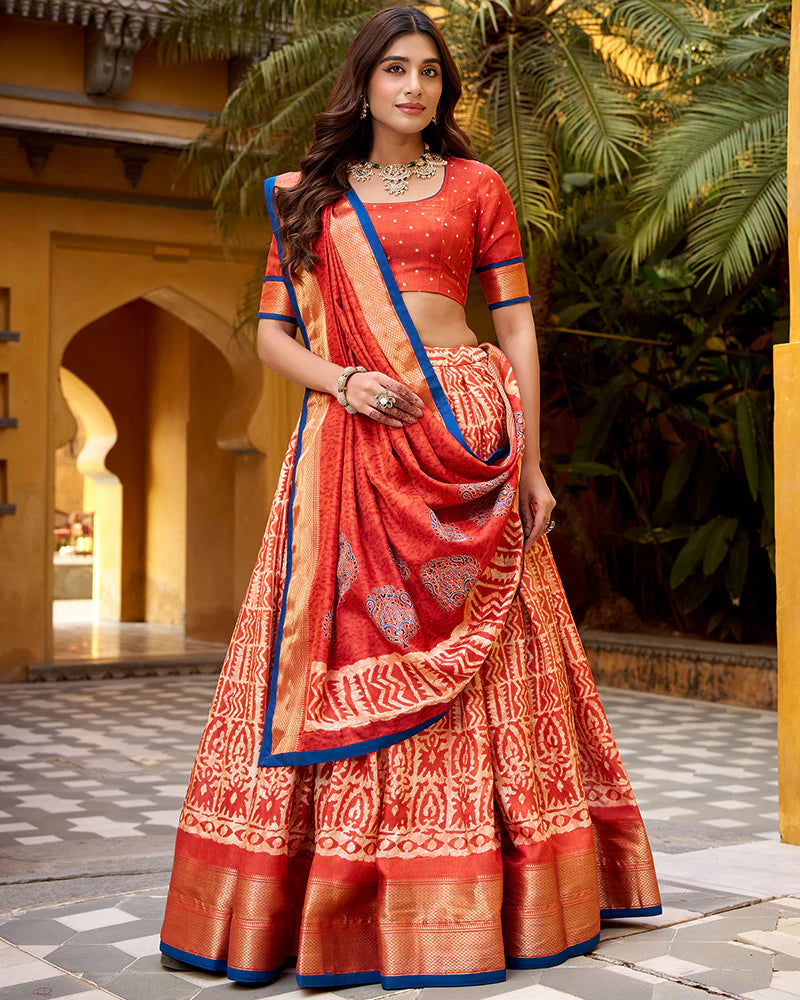 Womenline Rust Orange Color Dola Silk Batik Printed Lehenga Choli