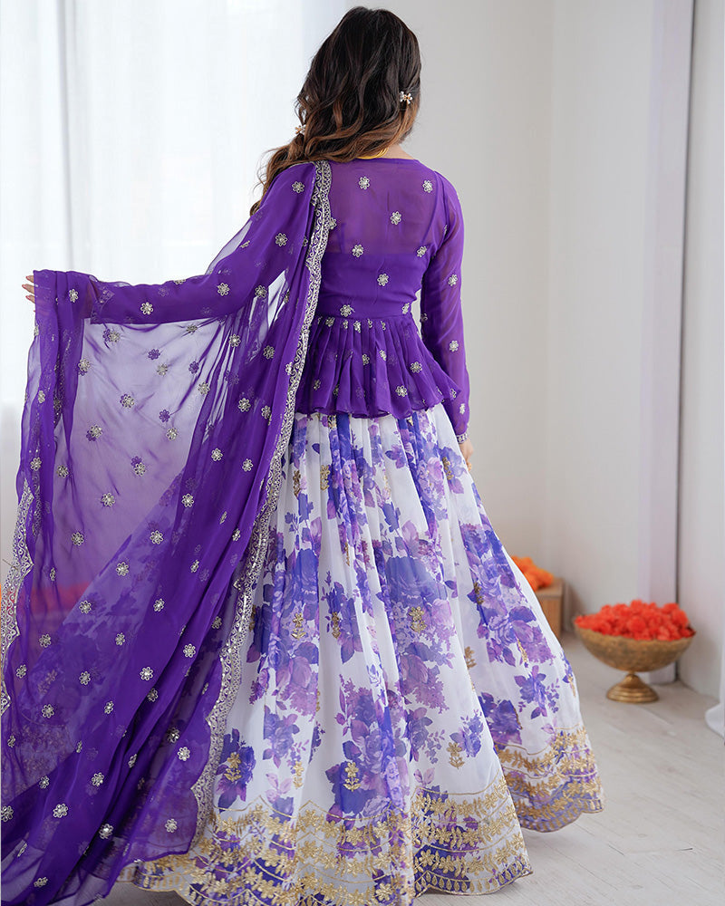 Womenline Purple Color Georgette Printed And Embroidered Lehenga Choli