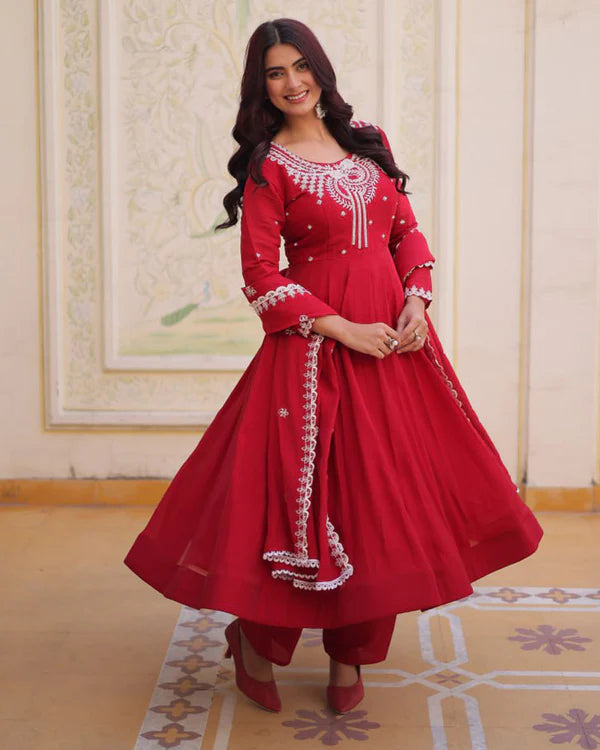 Womenline Royal Red Color Mal Chanderi Cotton Anarkali Suit – WomenLine.in