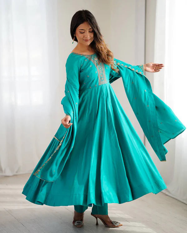 Womenline Rama Color Pure Chanderi Silk Three Piece Anarkali Suit