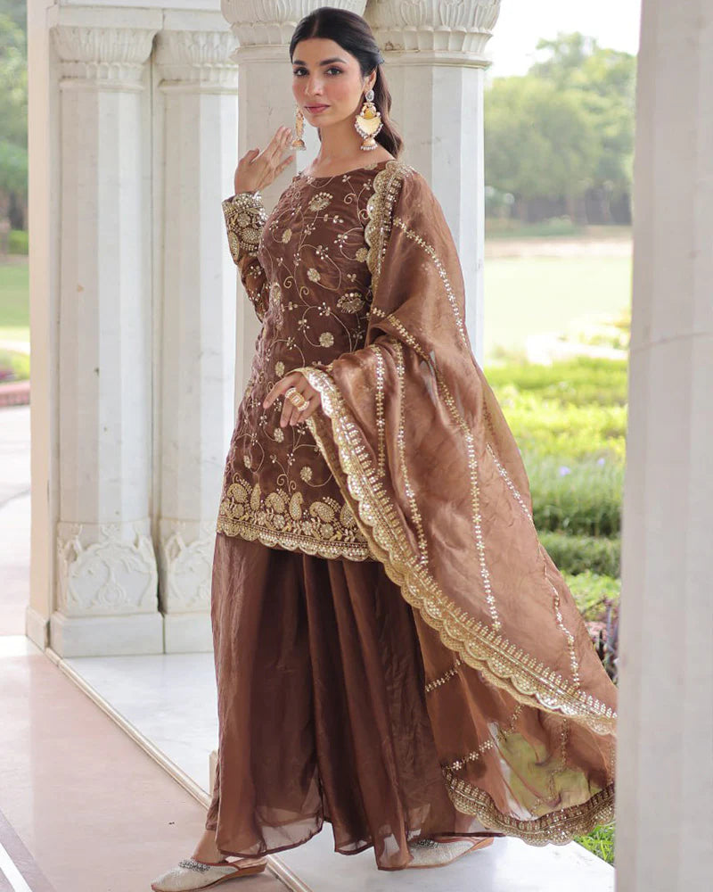 Womenline Coffee Color Fendi Silk Embroidered Sharara Suit