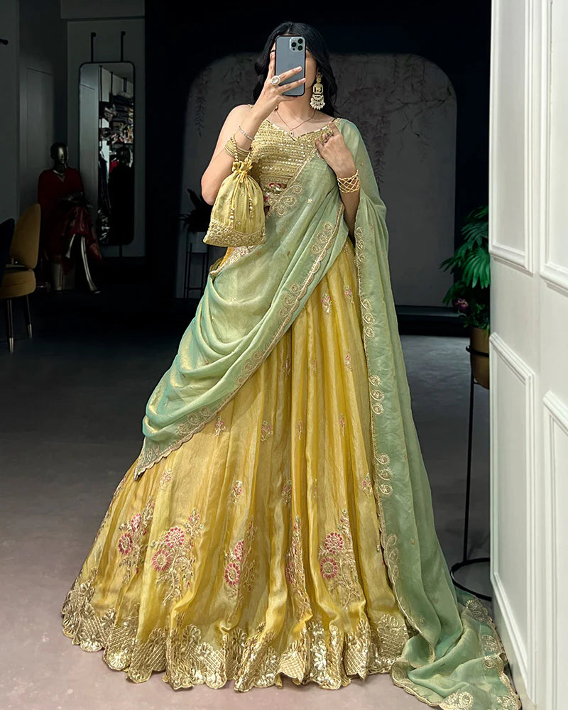 Womenline Yellow Color Moss Silk Embroidered Lehenga Choli