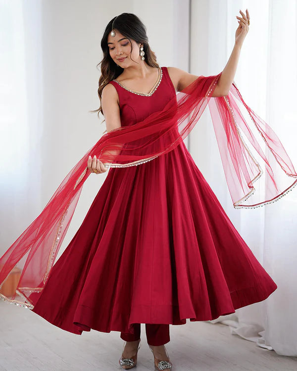 Womenline Maroon Color Chanderi Pure Roman Silk Anarkali Suit