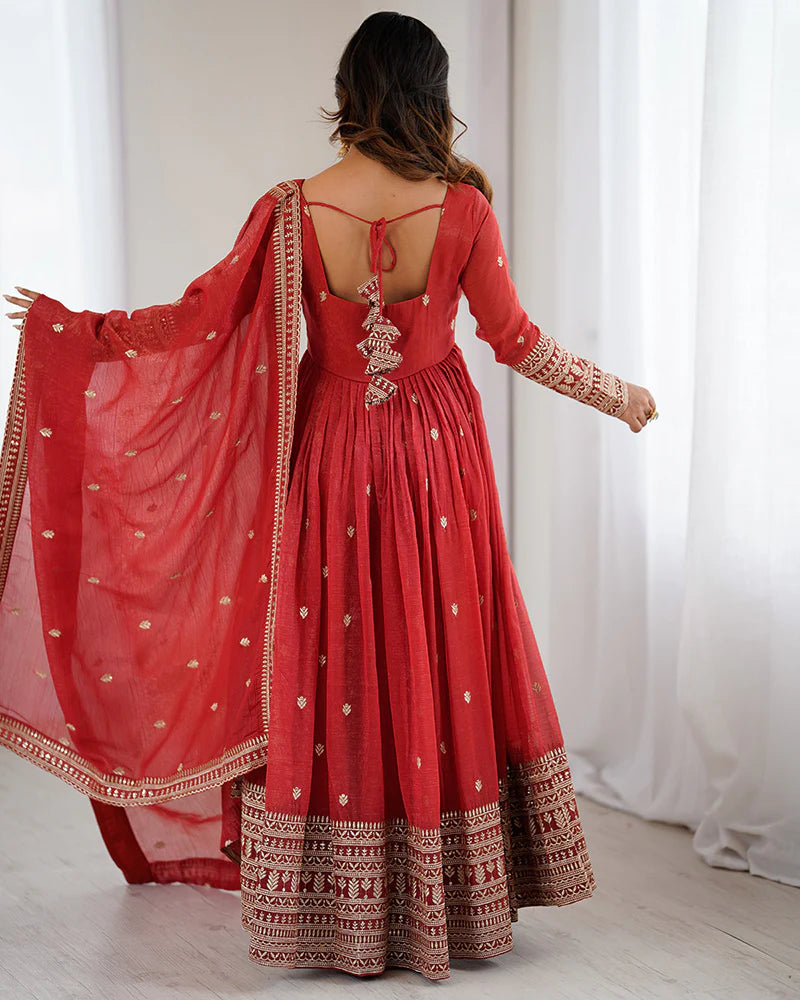 Womenline Rust Color Crunchy Silk Embroidered Gown