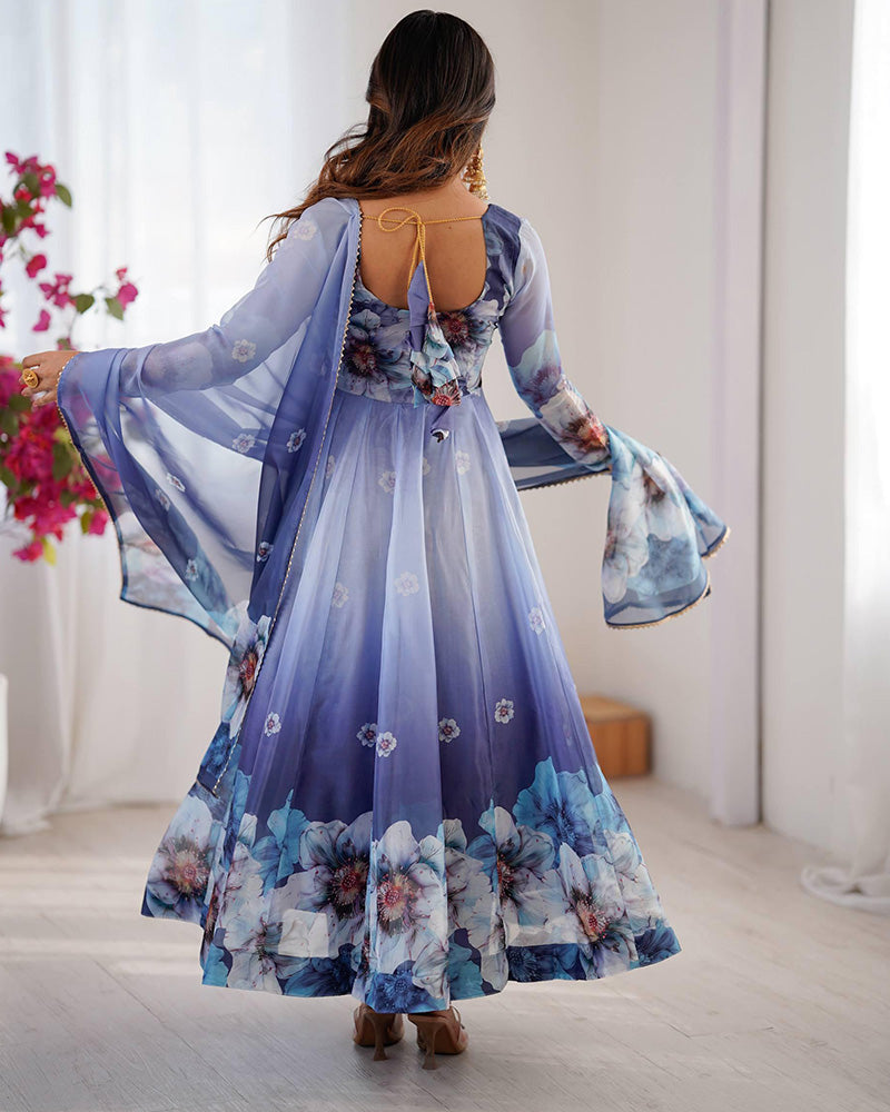 Womenline Navy Blue Floral Print Organza Three Piece Anarkali Suit