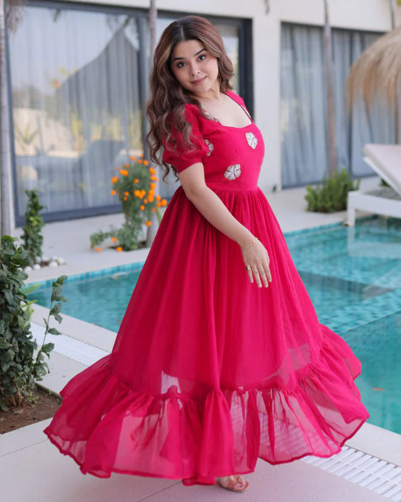 Womenline Pink Color Fendi Silk Beads Embroidered Gown