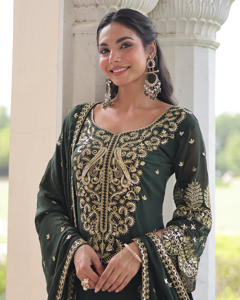 Womenline Mehndi Color Georgette Embroidered Three Piece Kurti Suit