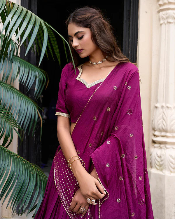 Womenline Wine Color Pure Chanderi Plain Navratri Half Saree