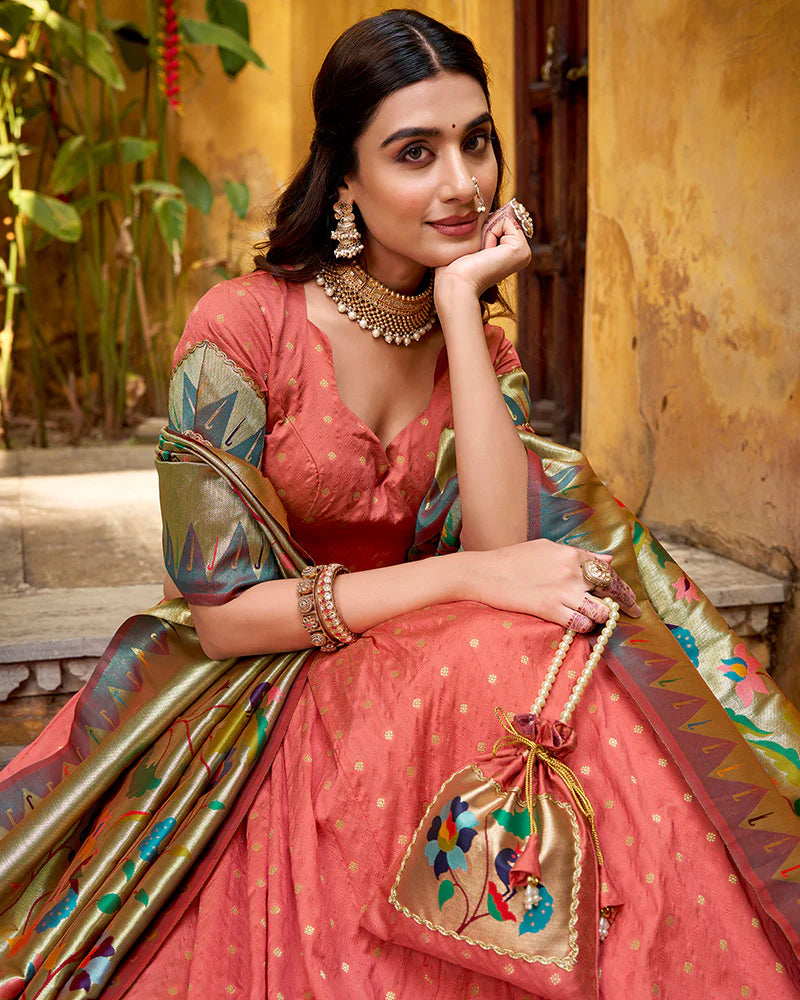 Womenline Peach Color Paithani Silk Zari Weaving Lehenga Choli