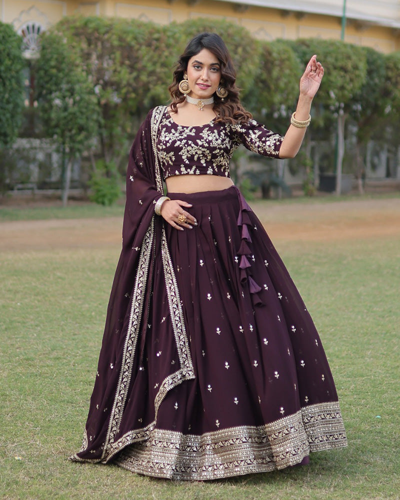 Womenline Wedding Wear Dark Wine Color Designer Blooming Lehenga Choli