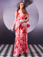Womenline Stuning Red Color Floral Print Satin Silk Saree