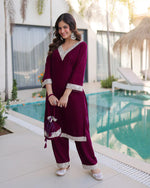 Womenline Wine Color Ice Velvet Embroidered Plazzo Suit