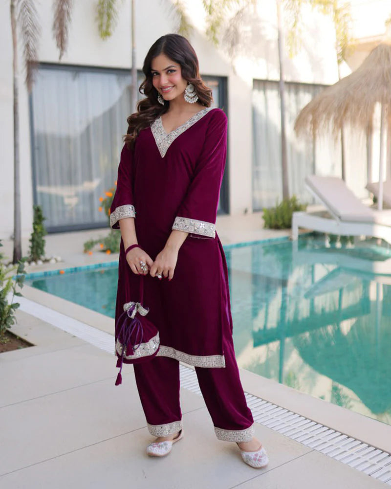 Womenline Wine Color Ice Velvet Embroidered Plazzo Suit