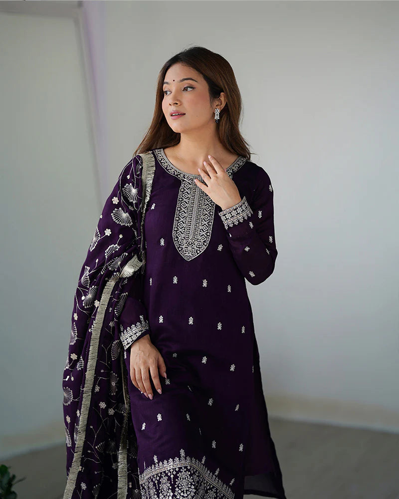 Womenline Purple Color Rangoli Silk Three Piece Kurti Suit