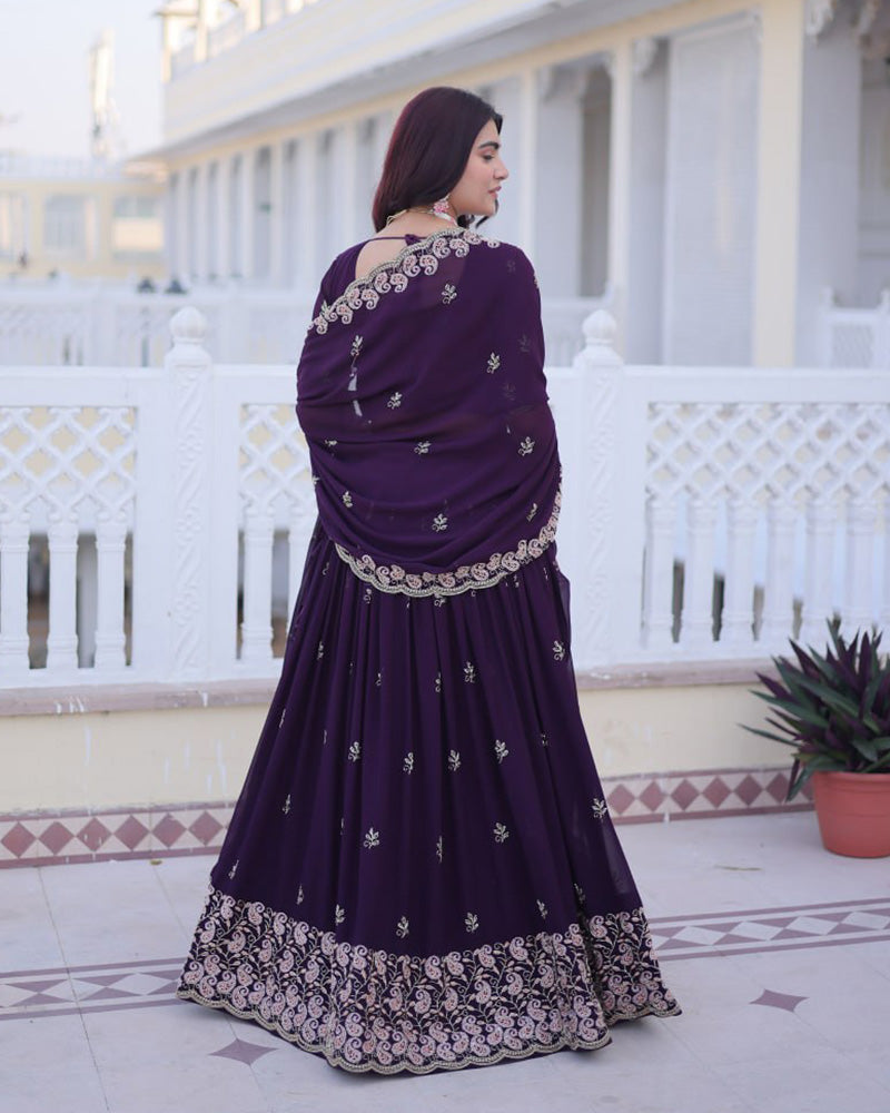 Womenline Royal Purple Color Blooming Embroidered Lehenga Choli