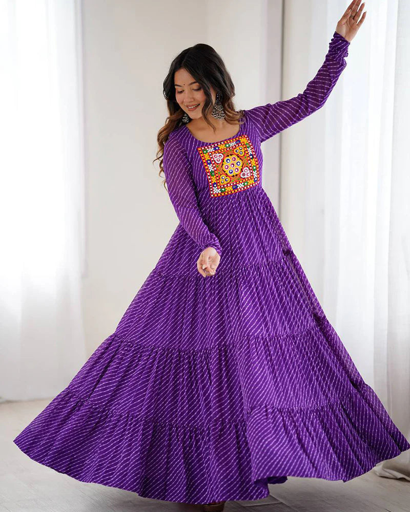 Womenline purple Color Georgette Laheriya Print Navratri Gown