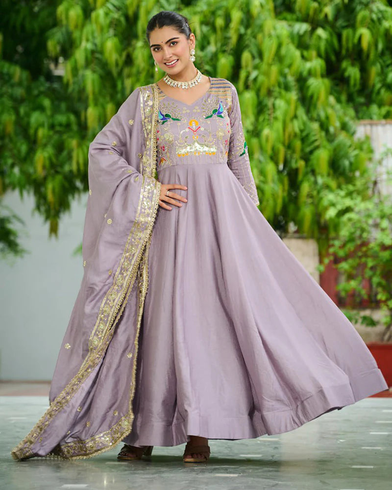 Womenline Lavender Color Vichitra Silk Sequence Embroidered Gown