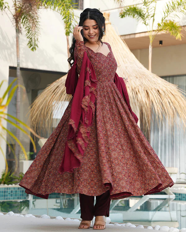 Womenline Traditional Ajrakh Print Maroon Cotton Anarkali Suit